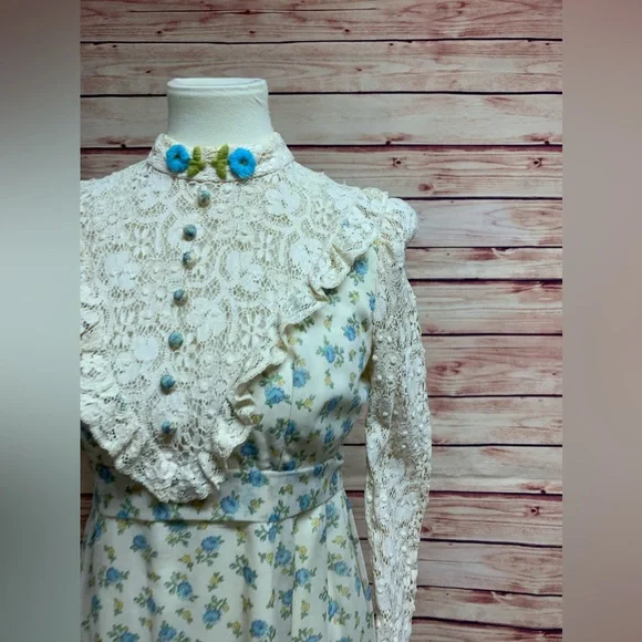 Vintage Floral High Neck Crochet Long Sleeve Prairie Dress